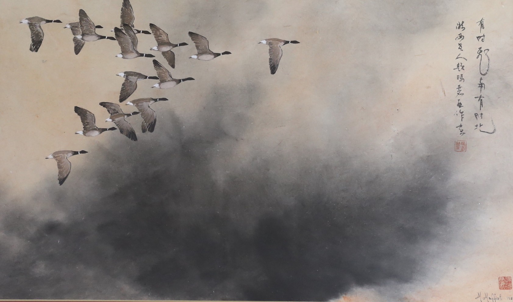 M.Maffioli, gouache, Flying geese in the Chinese style, signed and dated 1982, 34 x 58cm
